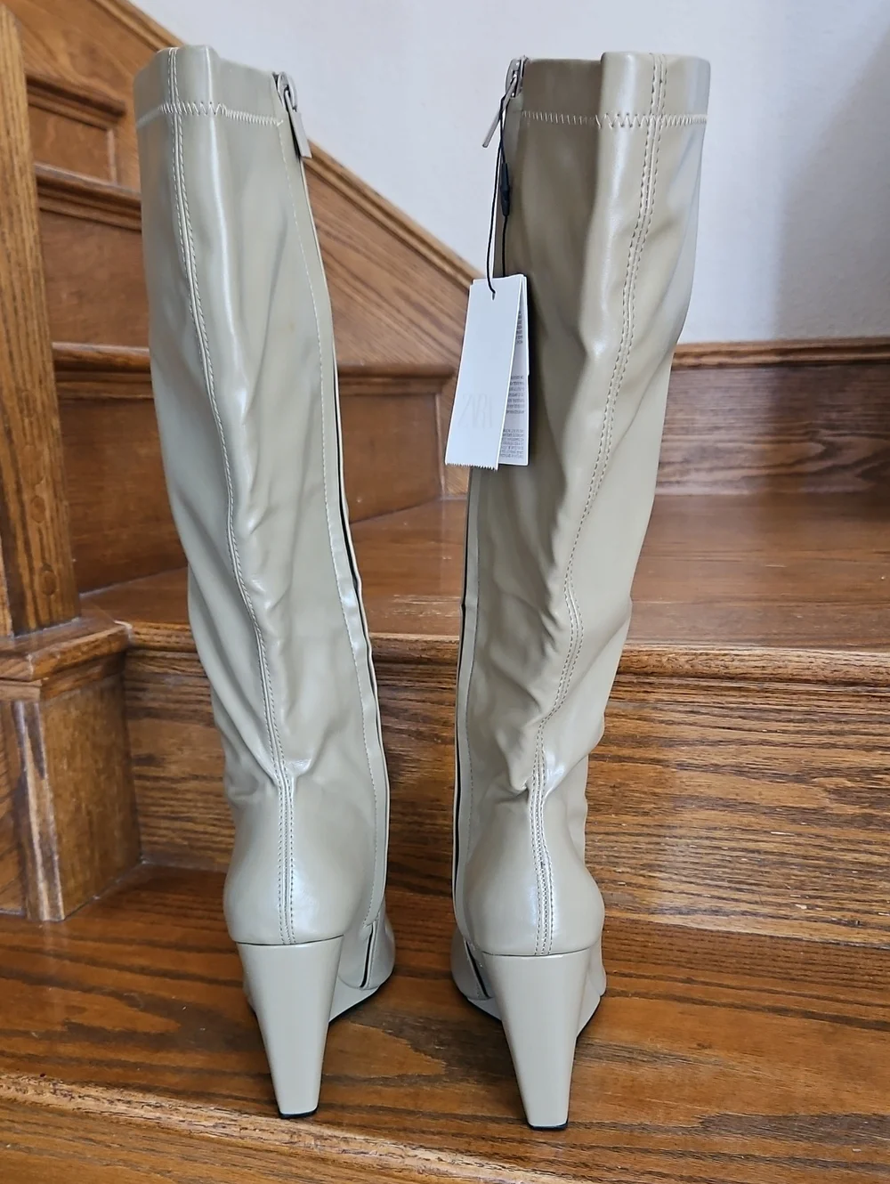 NWT Zara MidCalf Slouchy Faux Leather Wedge Boots in Light Taupe/Beige Colorway